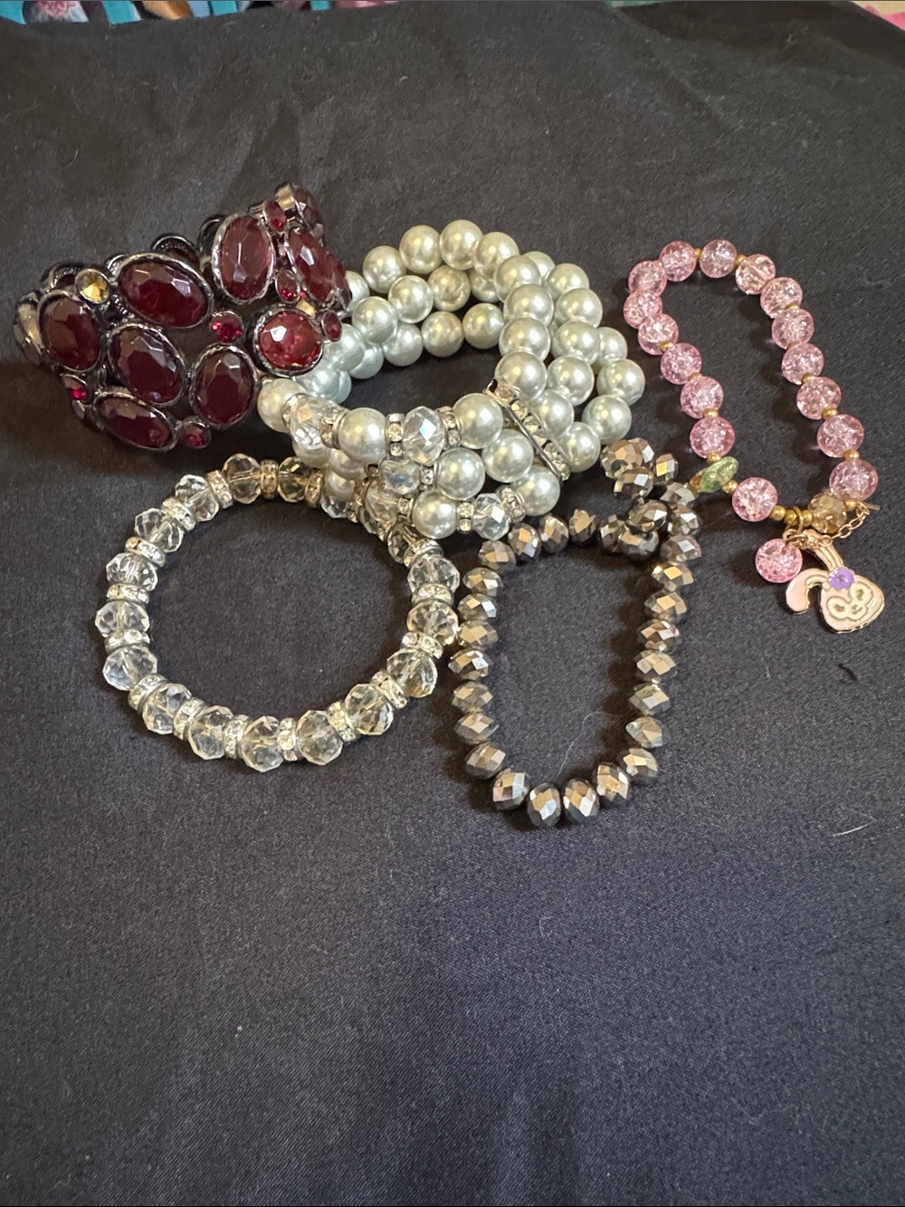 Mixed Beaded Bracelet Set in Pink, Silver, Black & Burgundy